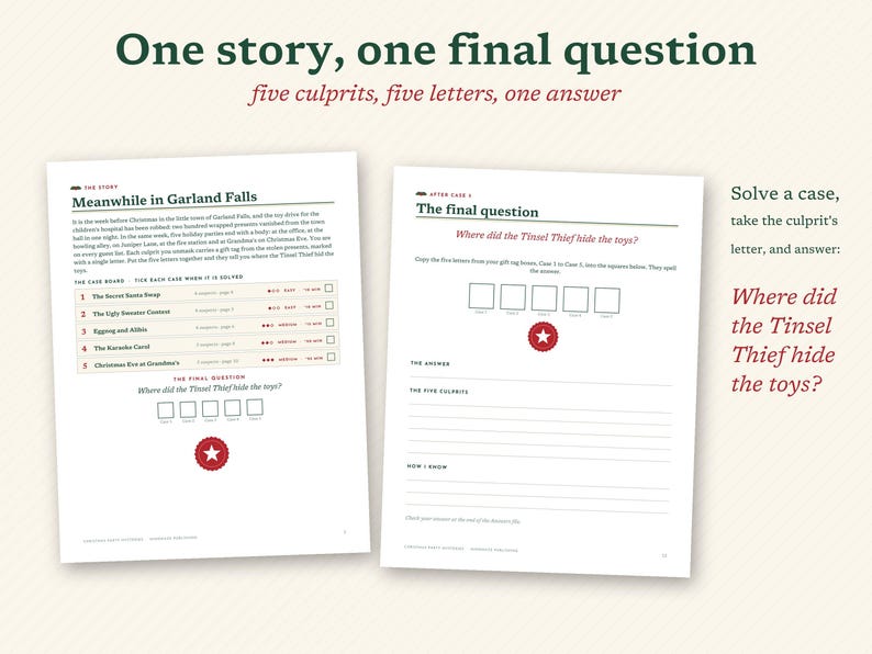 May include: Two pages from a mystery game booklet titled One story, one final question. The left page features the story Meanwhile in Garland Falls and a case board. The right page includes a final question section with five empty squares.