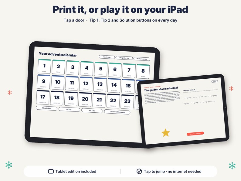 May include: A digital advent calendar displayed on two tablets. The screen shows a grid of numbered doors from 1 to 23, with buttons for tips and solutions. Text reads: Print it, or play it on your iPad, Your advent calendar, and The golden star is missing!