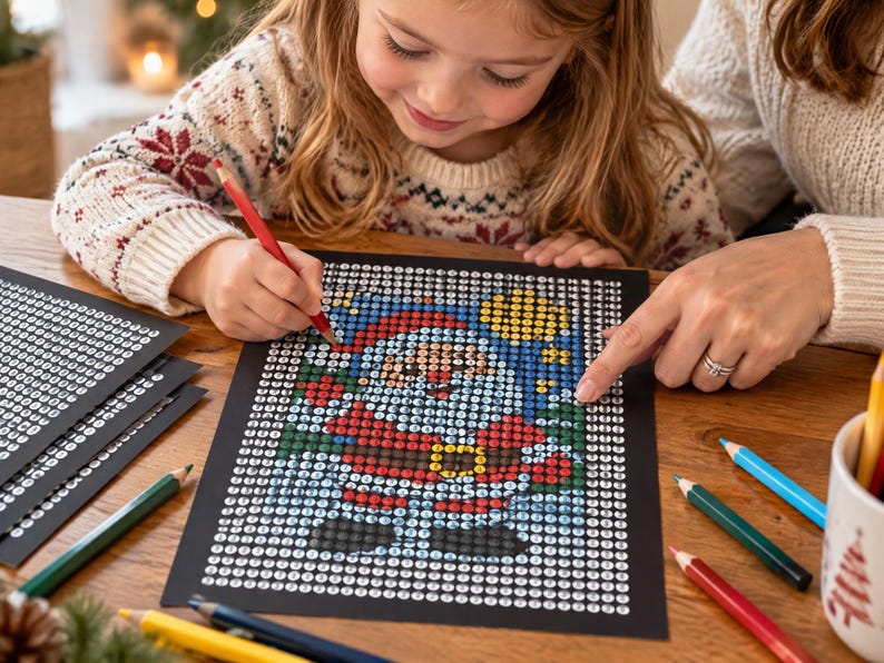May include: A paint-by-number kit featuring a Santa Claus illustration on a black background with numbered circles. The kit includes a red pencil, several colored pencils, and a white mug with a red tree print, all arranged on a wooden surface.