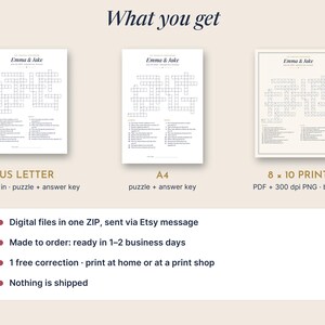 May include: Three printable crossword puzzle sheets titled Emma & Jake with clue lists. Includes US Letter 8.5 x 11 inch, A4, and 8 x 10 inch formats. The text What you get appears above the puzzles, with additional details regarding digital file delivery.