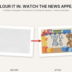 Pu&ograve; includere: Un'attivit&agrave; di colorazione su griglia numerata con il testo 'YOU'LL BE A POPS!' e illustrazioni di un treno, una papera gialla e un orsacchiotto marrone. L'immagine mostra una griglia vuota 'BEFORE' e una versione colorata 'AFTER'.