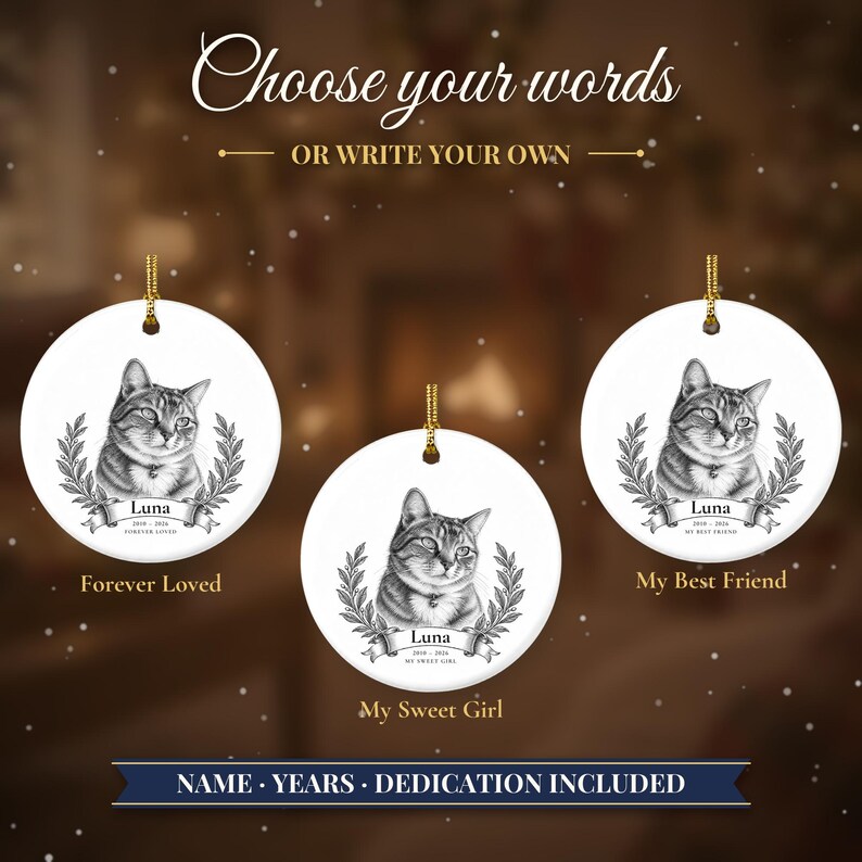 Custom Cat Memorial Ornament from Photo, Vintage Cat Portrait, Forever Loved, Pet Loss Gift, Cat Loss Gift, Cat Remembrance Keepsake image 6