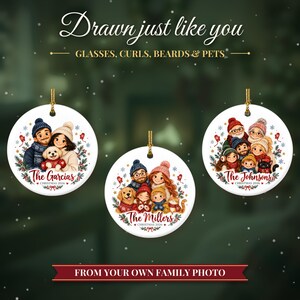 Family Christmas Ornament 2026 from Photo, 2 Sided Custom Cartoon Portrait with Pets and Names, Family of 4 5 6, Keepsake for Grandparents bild 6