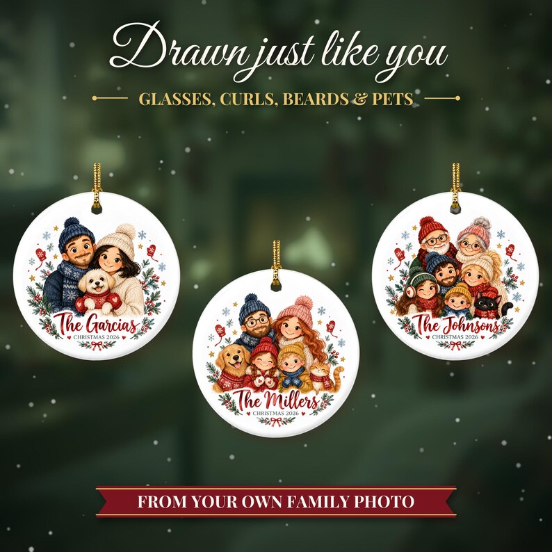 Family Christmas Ornament 2026 from Photo, 2 Sided Custom Cartoon Portrait with Pets and Names, Family of 4 5 6, Keepsake for Grandparents bild 6
