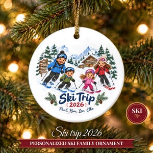 Ornement de Noël sur le thème du ski 2026, souvenir de vacances au ski en famille, décoration personnalisée avec nom pour chalet de montagne, cadeau pour skieur, ornement en céramique image 1