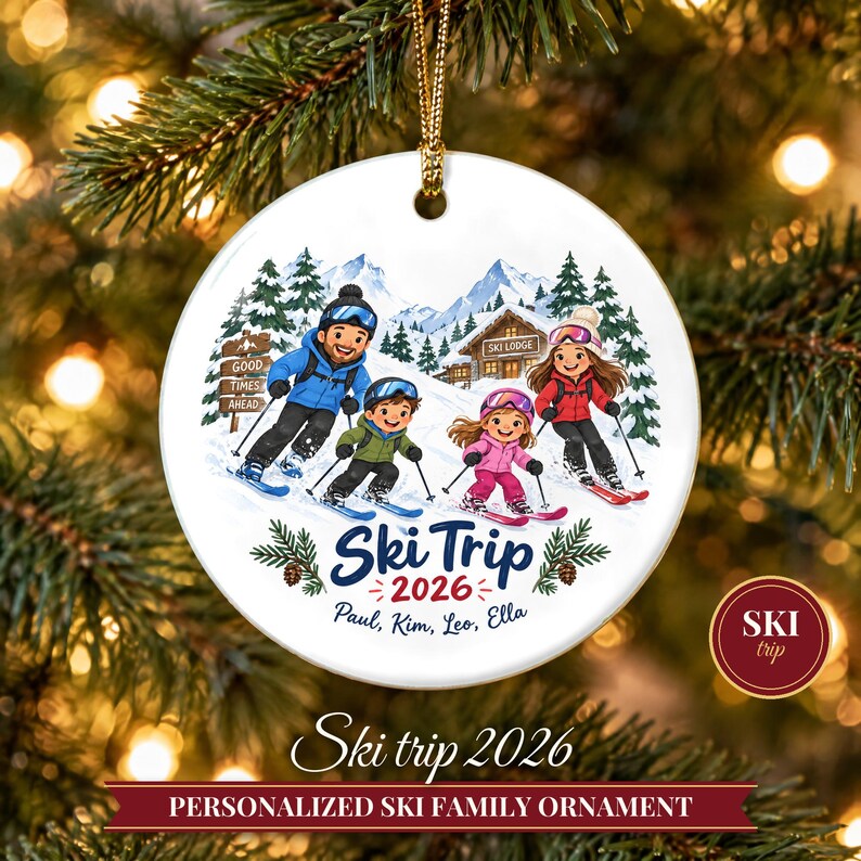 Ornement de Noël sur le thème du ski 2026, souvenir de vacances au ski en famille, décoration personnalisée avec nom pour chalet de montagne, cadeau pour skieur, ornement en céramique image 1