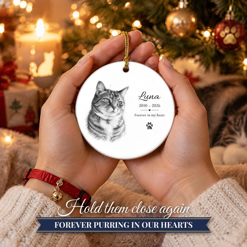 Personalized Cat Memorial Ornament from Photo, Custom Cat Portrait Sketch, Cat Memorial Gift, Pet Loss Gift, Cat Sympathy Keepsake zdjęcie 7