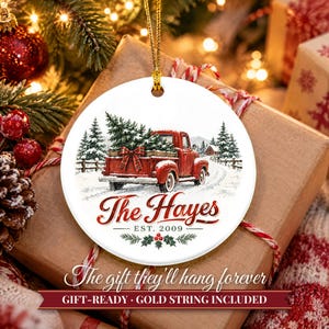Red Truck Ornament Christmas 2026, Vintage Pickup Family Name Keepsake, Farmhouse Christmas Tree Decor, Est Year Custom Ceramic Gift image 11