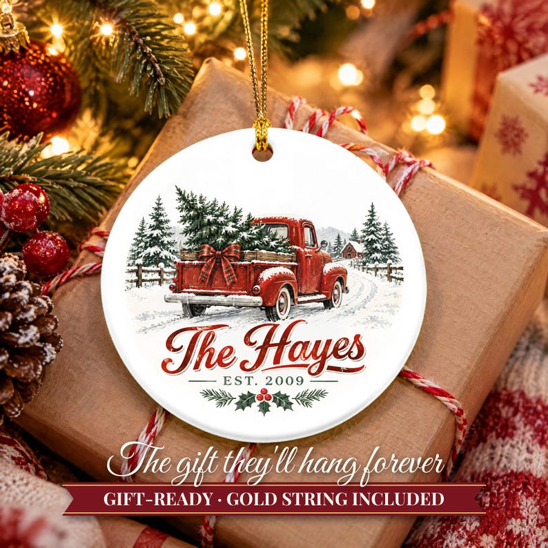 Red Truck Ornament Christmas 2026, Vintage Pickup Family Name Keepsake, Farmhouse Christmas Tree Decor, Est Year Custom Ceramic Gift image 11