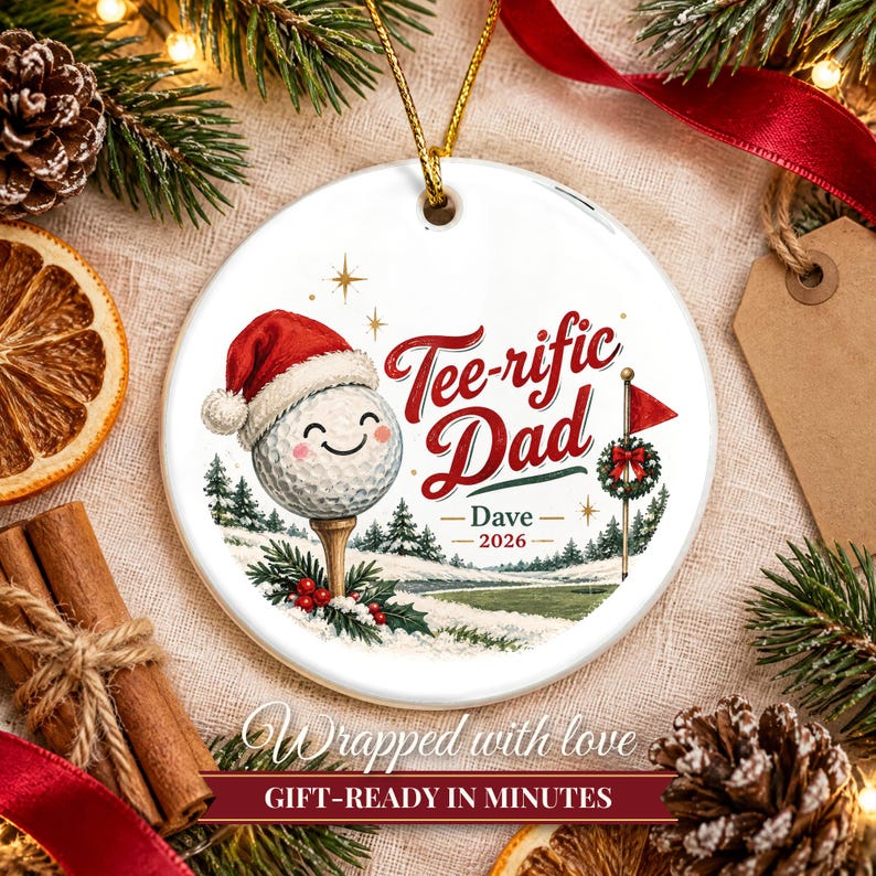 Adorno navideño de golf 2026, regalo para papá amante del golf, recuerdo personalizado con nombre de golfista excepcional, decoración de árbol de cerámica con gorro de Papá Noel y pelota sobre un tee. imagen 10