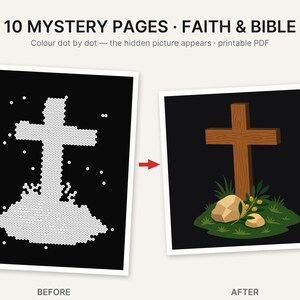 K&ouml;nnte beinhalten: Ein druckbares PDF mit dem Titel 10 MYSTERY PAGES FAITH & BIBLE, das eine Punkt-zu-Punkt-Aktivit&auml;t zeigt. Das Vorher-Bild zeigt einen schwarzen Hintergrund mit wei&szlig;en Punkten in Kreuzform, das Nachher-Bild ein braunes Holzkreuz auf gr&uuml;nem Gras.