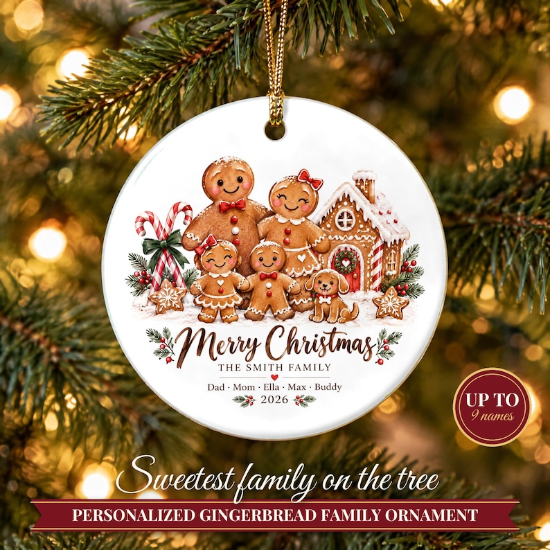 Gingerbread Family Ornament 2026, Personalized Christmas Ornament with Names and Pets, Custom Gingerbread Keepsake, Gift for Grandparents image 1