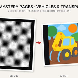 May include: A printable PDF set titled 20 MYSTERY PAGES &middot; VEHICLES & TRANSPORT. The image shows a before and after example of a dot-to-dot activity page, where a grid of numbered dots on a black background transforms into a yellow construction vehicle.
