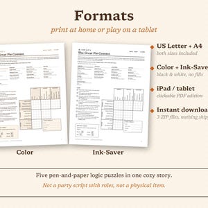 May include: Two printable logic puzzle sheets titled The Great Pie Contest, one in color and one in black and white ink-saver format. The sheets include lists, instructions, and a grid for solving the puzzle. Text includes Formats, US Letter + A4, Color + Ink-Saver, iPad / tablet, and Instant download.