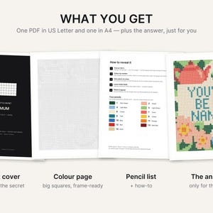 Puede incluir: Un conjunto de actividades para colorear digital que incluye una portada de regalo negra con el texto A LITTLE SECRET MUM, una p&aacute;gina de cuadr&iacute;cula para colorear, una hoja de instrucciones con lista de l&aacute;pices numerada y un dise&ntilde;o final YOU'LL BE A NANA!