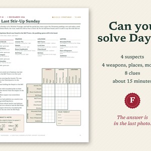 May include: A printed game sheet titled The Last Stir-Up Sunday, Day 01, 1 December 1926. It features a mystery narrative, a list of four suspects, weapons, locations, motives, eight clues, a logic grid, and a note section. Text includes Can you solve Day 1?