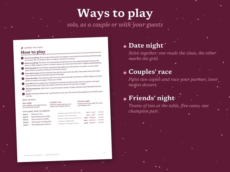 May include: A white instructional document titled Ways to play with dark red text on a dark red background. The document outlines game rules, including sections for Date night, Couples' race, and Friends' night, detailing how to solve cases.