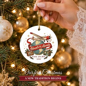 Travel Ornament Christmas 2026, Adventure Awaits Gift for Couple or Family, Airplane Globe Custom Name Keepsake, Wanderlust Ceramic Decor image 6