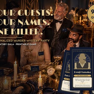 May include: A printable murder mystery party game set featuring 1920s Gatsby gala theme cards. The cards display character names like Kenji Tanaka, The Bootlegger, and Clara Okafor, The Gambler, with gold text on a dark blue background for 9-16 guests.