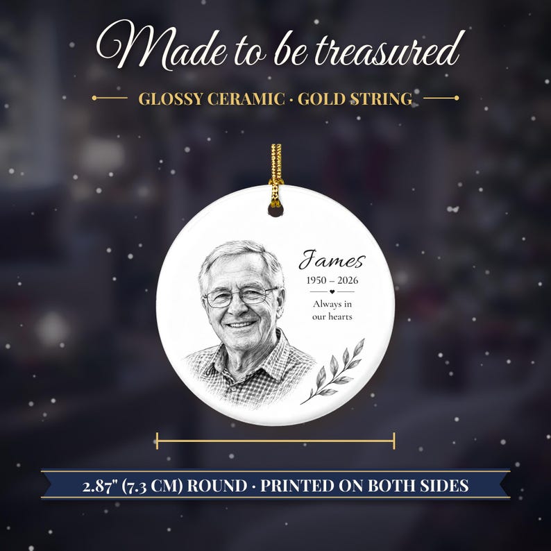 Double Sided Photo Memorial Christmas Ornament, Hand Drawn Portrait Sketch, In Loving Memory Keepsake, Loss of Loved One Gift image 9