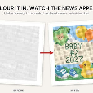 May include: A color-by-number activity sheet featuring a grid of numbered squares. The text reads: COLOUR IT IN. WATCH THE NEWS APPEAR. A hidden message in thousands of numbered squares. The completed image shows a baby onesie, balloons, a rubber duck, and baby shoes with the text BABY #2 2027.