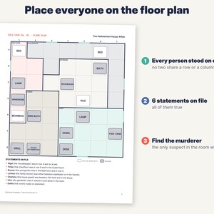 Puede incluir: Una hoja de juego de l&oacute;gica titulada Place everyone on the floor plan, que presenta una cuadr&iacute;cula de un plano de casa con habitaciones etiquetadas, iconos de muebles y una lista de seis declaraciones para identificar a un asesino.
