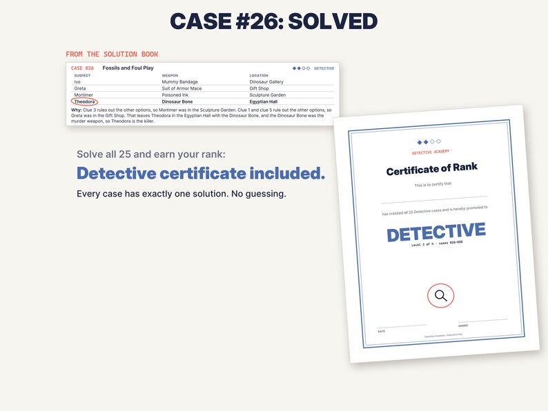 May include: A detective game set featuring a solution book page titled Case #26: Fossils and Foul Play with a table of suspects, weapons, and locations, alongside a Certificate of Rank document with the text Detective and a magnifying glass icon.