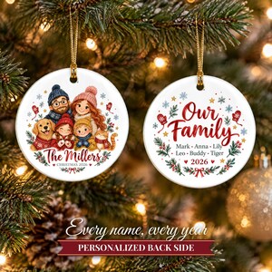 Family Christmas Ornament 2026 from Photo, 2 Sided Custom Cartoon Portrait with Pets and Names, Family of 4 5 6, Keepsake for Grandparents bild 13