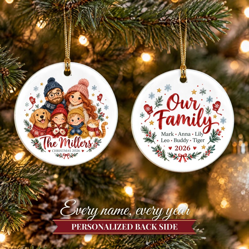 Family Christmas Ornament 2026 from Photo, 2 Sided Custom Cartoon Portrait with Pets and Names, Family of 4 5 6, Keepsake for Grandparents bild 13