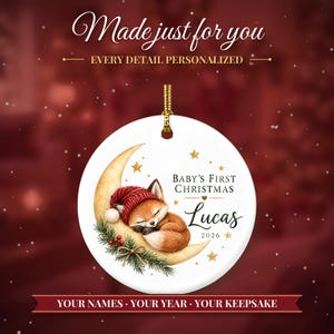 Baby First Christmas Ornament 2026, Woodland Fox on the Moon Keepsake with Name, Newborn Gift for New Parents, Nursery Decor immagine 2