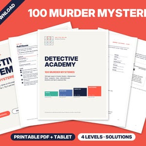 Puede incluir: Una colección digital de 100 acertijos de lógica de misterio de asesinato titulada Detective Academy. El documento presenta cuatro niveles de dificultad: Rookie, Detective, Inspector y Mastermind, en formato PDF imprimible con soluciones incluidas.