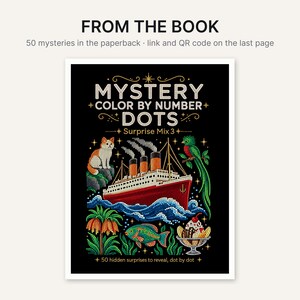K&ouml;nnte beinhalten: Ein Buchcover f&uuml;r Mystery Color By Number Dots Surprise Mix 3 mit einem roten Schiff auf blauen Wellen, einer Katze, einem gr&uuml;nen Vogel, tropischen Pflanzen, einem Fisch und einem Eisbecher. Der Text lautet FROM THE BOOK und 50 hidden surprises.