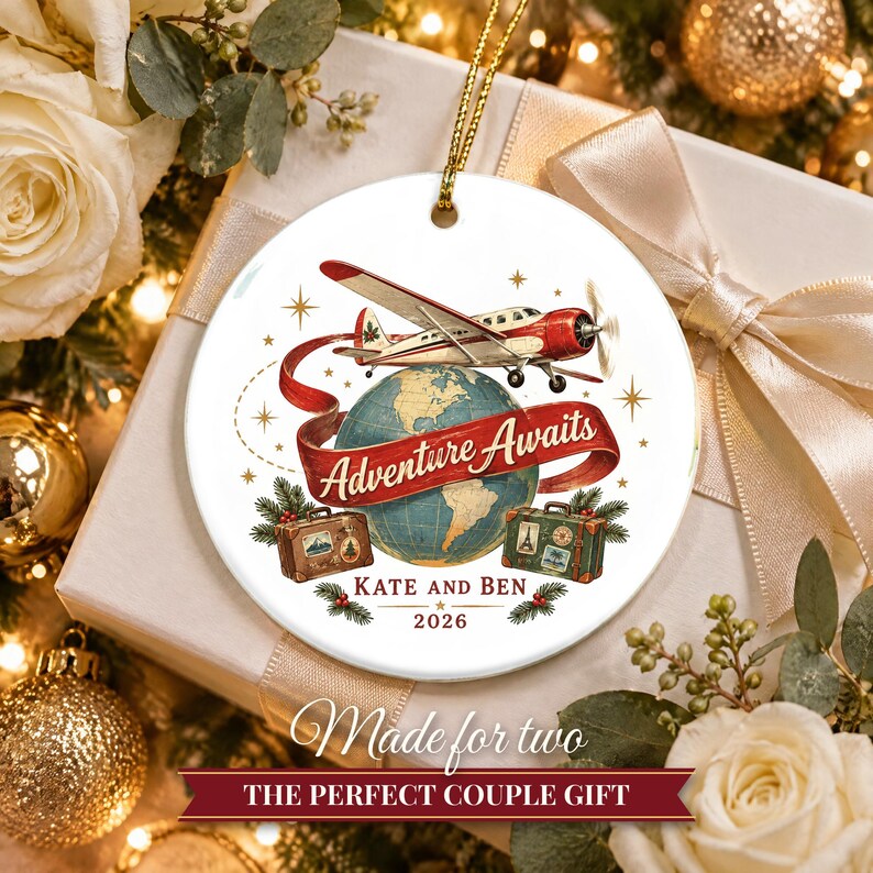 Travel Ornament Christmas 2026, Adventure Awaits Gift for Couple or Family, Airplane Globe Custom Name Keepsake, Wanderlust Ceramic Decor image 10