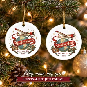 Travel Ornament Christmas 2026, Adventure Awaits Gift for Couple or Family, Airplane Globe Custom Name Keepsake, Wanderlust Ceramic Decor image 9