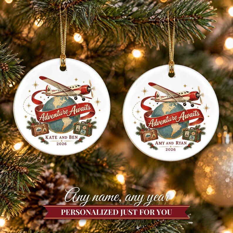 Travel Ornament Christmas 2026, Adventure Awaits Gift for Couple or Family, Airplane Globe Custom Name Keepsake, Wanderlust Ceramic Decor image 9