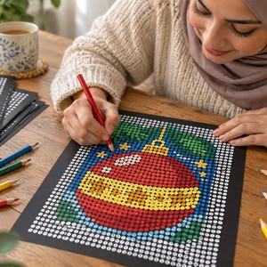 May include: A paint-by-number kit featuring a red and yellow Christmas ornament design on a black background. The artwork is composed of small numbered circles to be filled with color. Several colored pencils are scattered on the wooden surface.