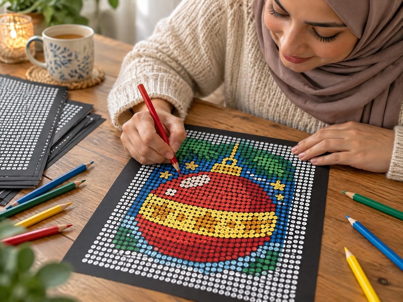 May include: A paint-by-number kit featuring a red and yellow Christmas ornament design on a black background. The artwork is composed of small numbered circles to be filled with color. Several colored pencils are scattered on the wooden surface.