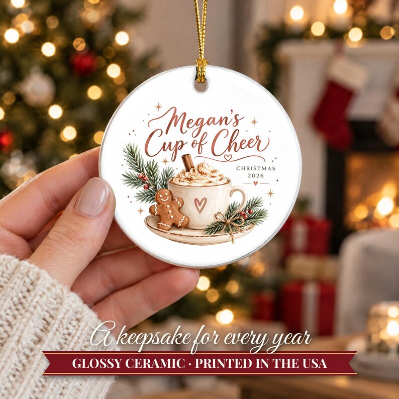 Coffee Lover Gift Christmas Ornament 2026, Latte Cup of Cheer Custom Name Keepsake, Gingerbread Cookie Barista Ceramic Tree Decor for Her image 12