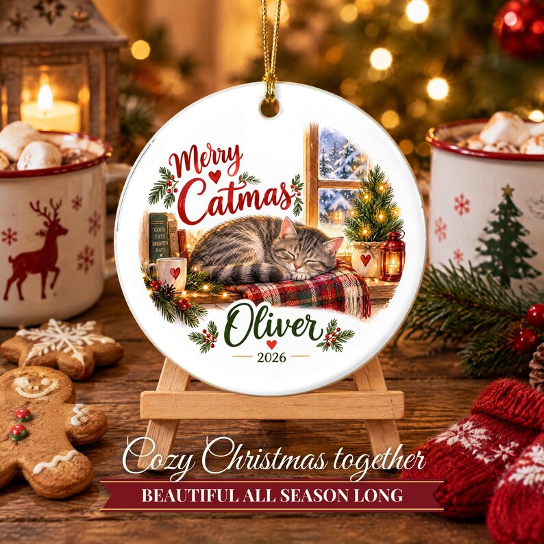 Cat Ornament, Merry Catmas Christmas Ornament with Name, Cat Lover Gift, Cat Mom Gift 2026, Custom Ceramic Pet Keepsake for Her image 8