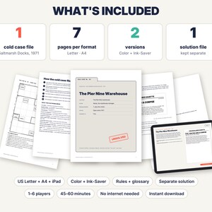 May include: A printable cold case file game titled The Pier Nine Warehouse, featuring 7 pages in Letter and A4 formats, a separate solution file, and a digital version for iPad. The set includes colour and ink-saver options for 1-6 players.