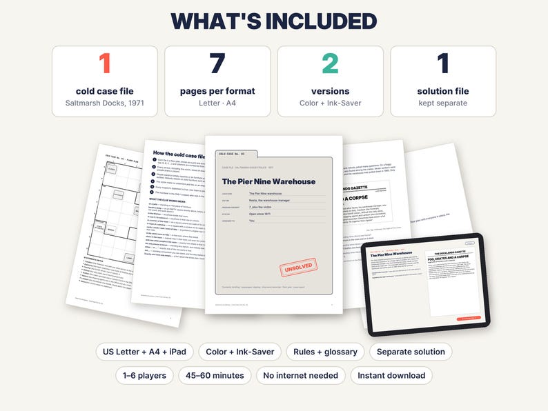 May include: A printable cold case file game titled The Pier Nine Warehouse, featuring 7 pages in Letter and A4 formats, a separate solution file, and a digital version for iPad. The set includes colour and ink-saver options for 1-6 players.