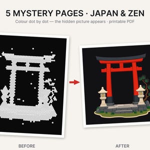 Pu&ograve; includere: Un PDF stampabile intitolato 5 MYSTERY PAGES JAPAN & ZEN che mostra un'attivit&agrave; di unisci i puntini. L'immagine prima mostra uno sfondo nero con punti bianchi che formano un portale torii. L'immagine dopo mostra un portale torii rosso con lanterne.