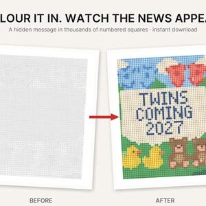 May include: A printable activity sheet featuring a grid of numbered squares that reveals a colorful image when filled. The completed design displays the text TWINS COMING 2027, surrounded by blue clouds, red balloons, yellow ducks, and brown teddy bears.