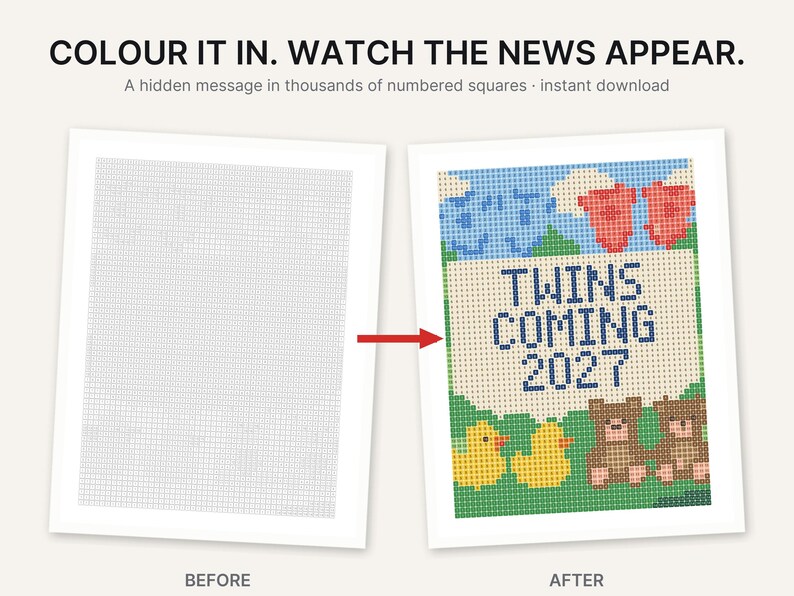 May include: A printable activity sheet featuring a grid of numbered squares that reveals a colorful image when filled. The completed design displays the text TWINS COMING 2027, surrounded by blue clouds, red balloons, yellow ducks, and brown teddy bears.