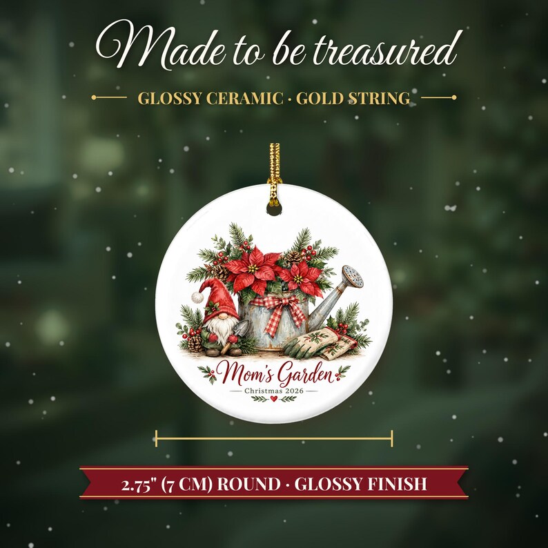 Gardener Gift Christmas Ornament 2026, Mom's Garden Custom Name Keepsake, Watering Can Poinsettia Gnome Ceramic Decor for Plant Lover image 5
