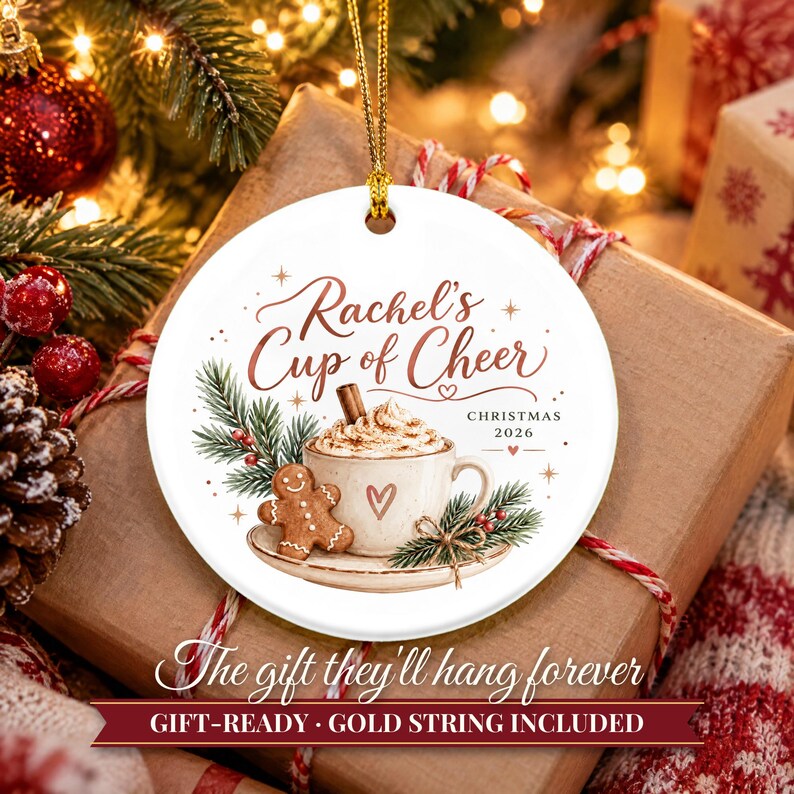 Coffee Lover Gift Christmas Ornament 2026, Latte Cup of Cheer Custom Name Keepsake, Gingerbread Cookie Barista Ceramic Tree Decor for Her image 11