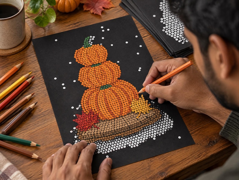 May include: A black sheet of paper featuring a dot art illustration of three stacked orange pumpkins on a brown log, accented with a red maple leaf and yellow foliage, surrounded by white dots representing snow on a dark background.