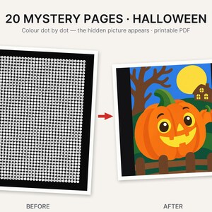 May include: A set of 20 printable Halloween mystery pages featuring a dot-to-dot activity. The before image shows a black grid with numbered white circles, and the after image displays a colorful cartoon pumpkin scene with a moon and house.