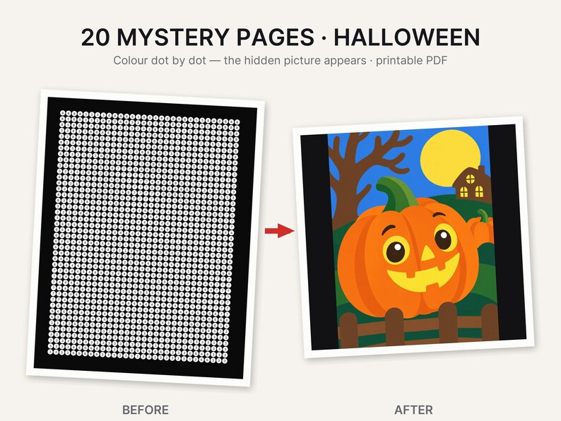 May include: A set of 20 printable Halloween mystery pages featuring a dot-to-dot activity. The before image shows a black grid with numbered white circles, and the after image displays a colorful cartoon pumpkin scene with a moon and house.