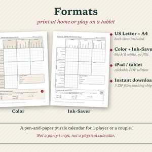 May include: A digital puzzle calendar titled Murder at the Christmas Market, featuring two printable formats: a color version and an ink-saver black and white version. The document includes grids for tracking clues, suspects, and locations for one or two players.